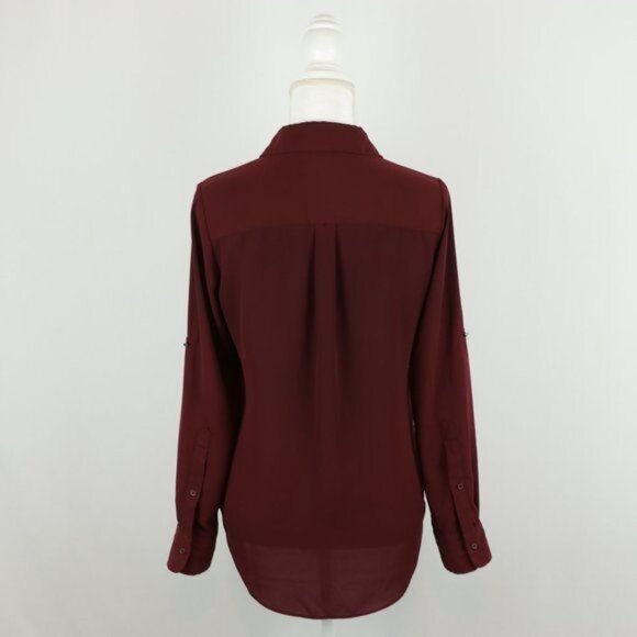 Mossimo Women's Extra Small Maroon Crepe Roll Tab Long Sleeve Button Up Shirt - Picture 3 of 7